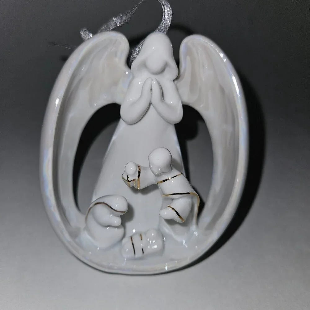 Appletree Design Angel & Holy Family Ornament Porcelain Gold Nativity Jesus Mary